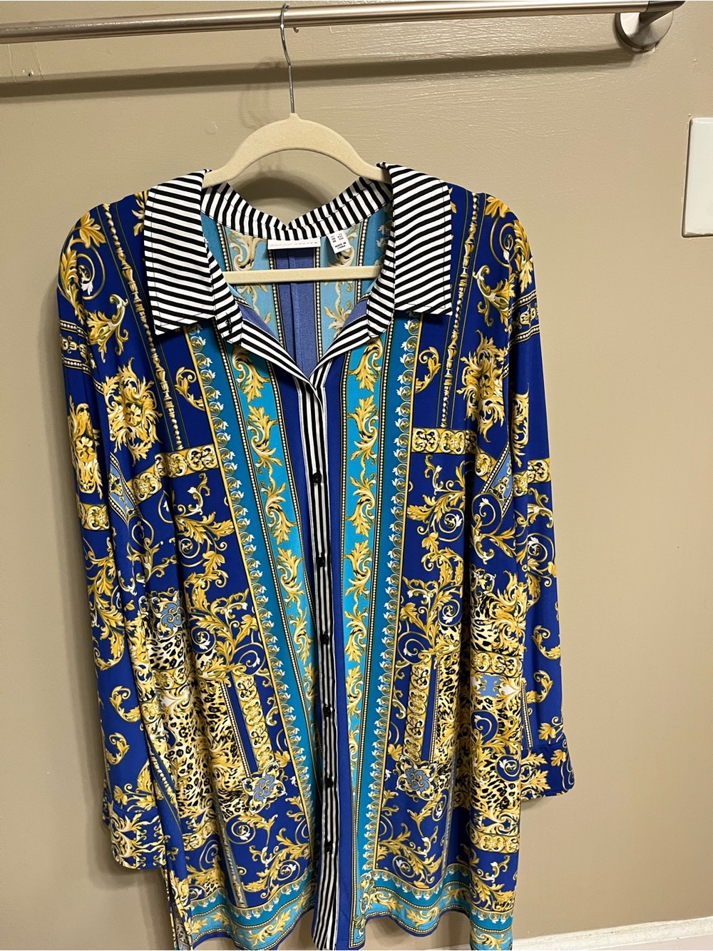 Susan Graver Blue and Gold Baroque-Print Button Down Shirt